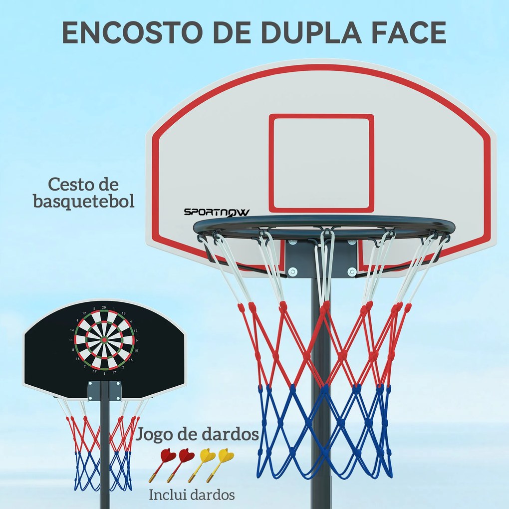 Cesto de Basquetebol para Exterior com Alvo de Dardos com Ajustável 210-247 cm Rodas Base preenchida com agua ou areia Preto