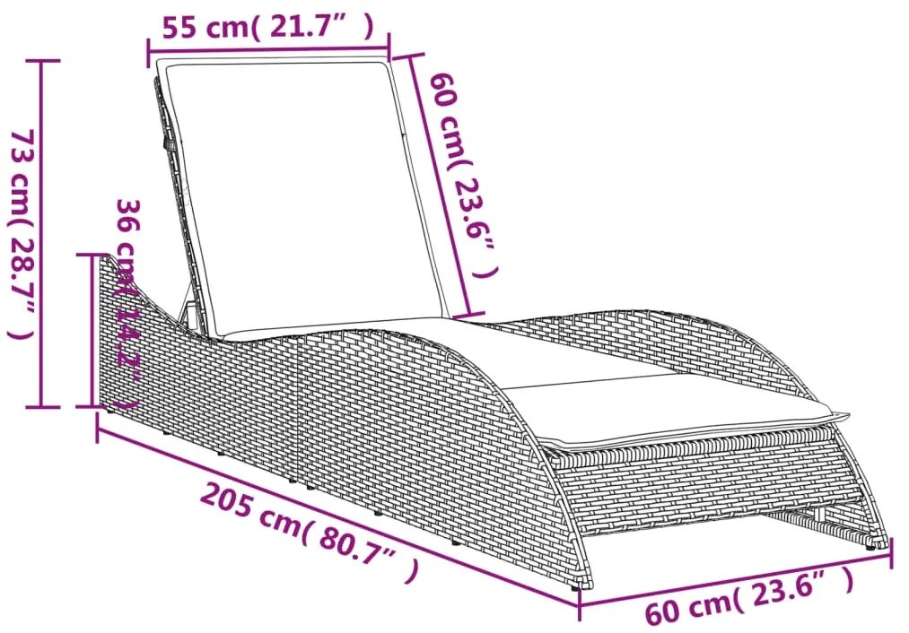 Espreguiçadeira com almofadão 60x205x73 cm vime PE cinza-claro