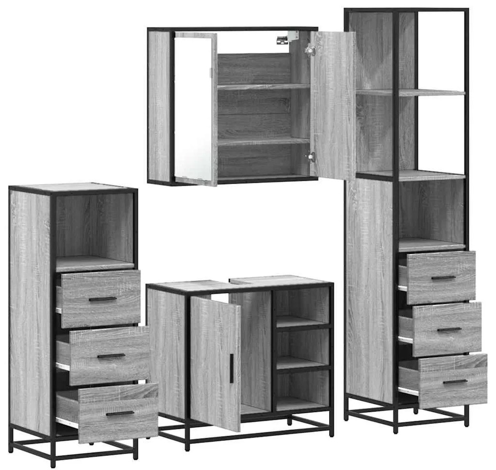 4 pcs Conjunto móveis casa de banho madeira proc. cinza sonoma