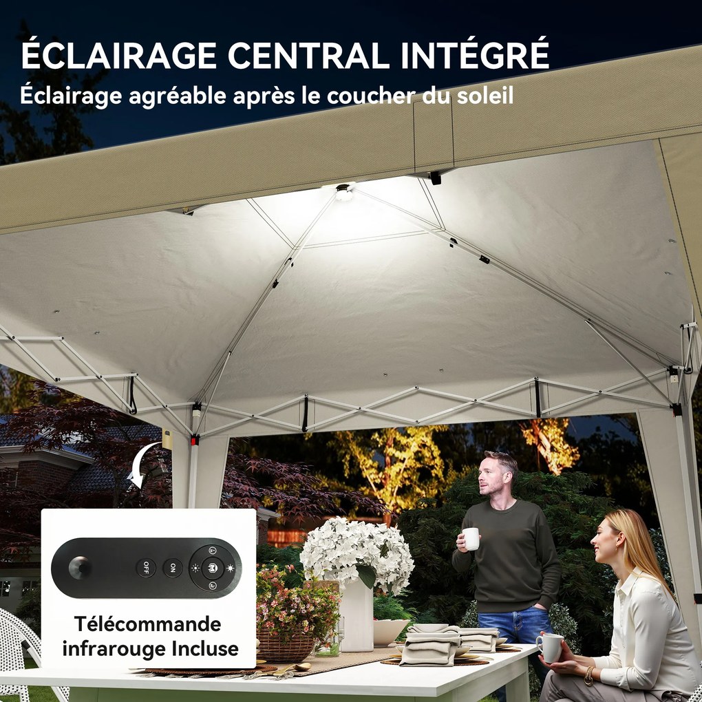 Tenda de jardim 3 x 3 m com iluminação, tenda dobrável com altura ajustável, comando à distância e saco de transporte, cor creme