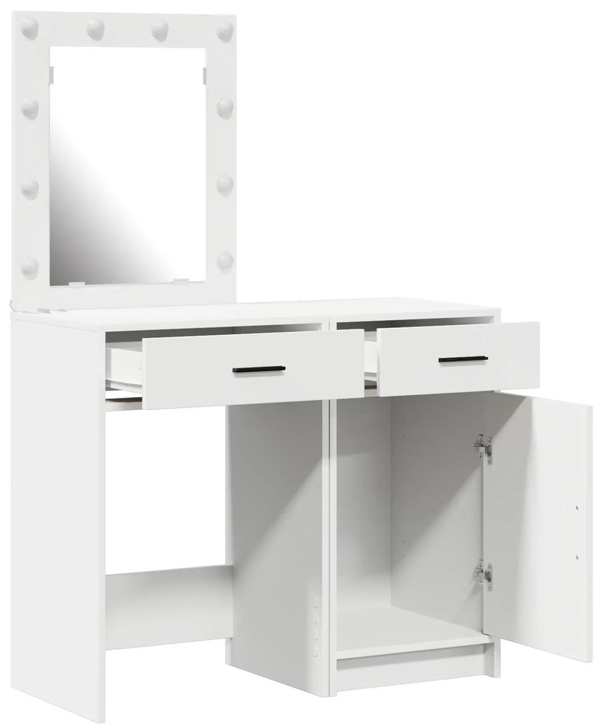 Conjunto de Mesa de Maquiagem de 2 Peças com LED em Madeira Branca