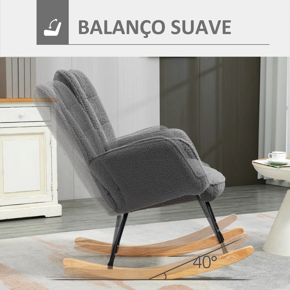 Poltrona Baloiço em Borrego com Oscilação de 40° Pés de Madeira de Faia e Estrutura de Aço 71x92x101 cm Cinzento Escuro