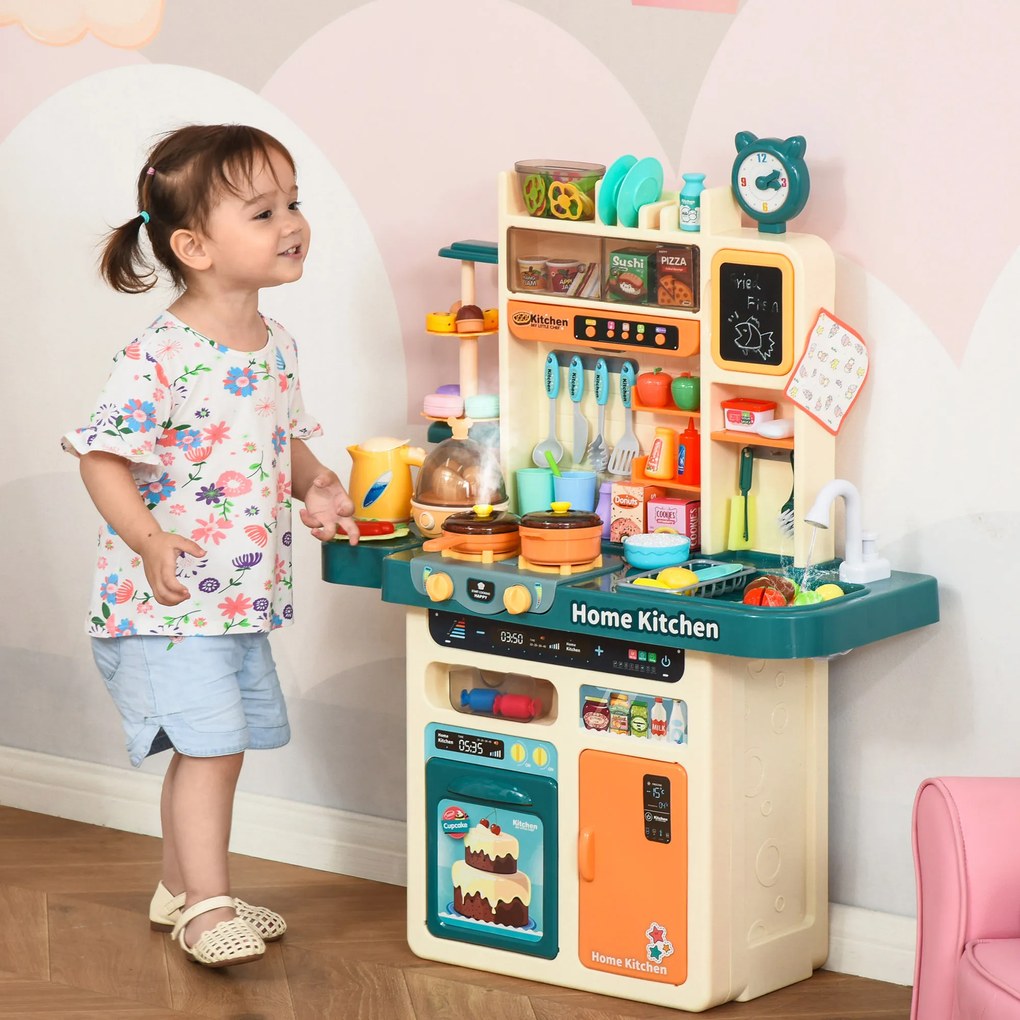 HOMCOM Cozinha de Brinquedo para Crianças acima de 3 Anos com Luz Sons Água Vapor Lousa 113 Acessórios Incluidos Cozinha Infantil Educativa 70x32x92,2cm Multicor