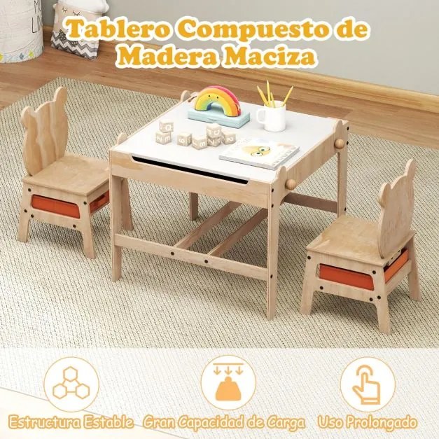 Conjunto de mesa e 2 cadeiras infantil 4 em 1 com quadro branco reversível e giz 2 gavetas de armazenamento Móvel de madeira Panda