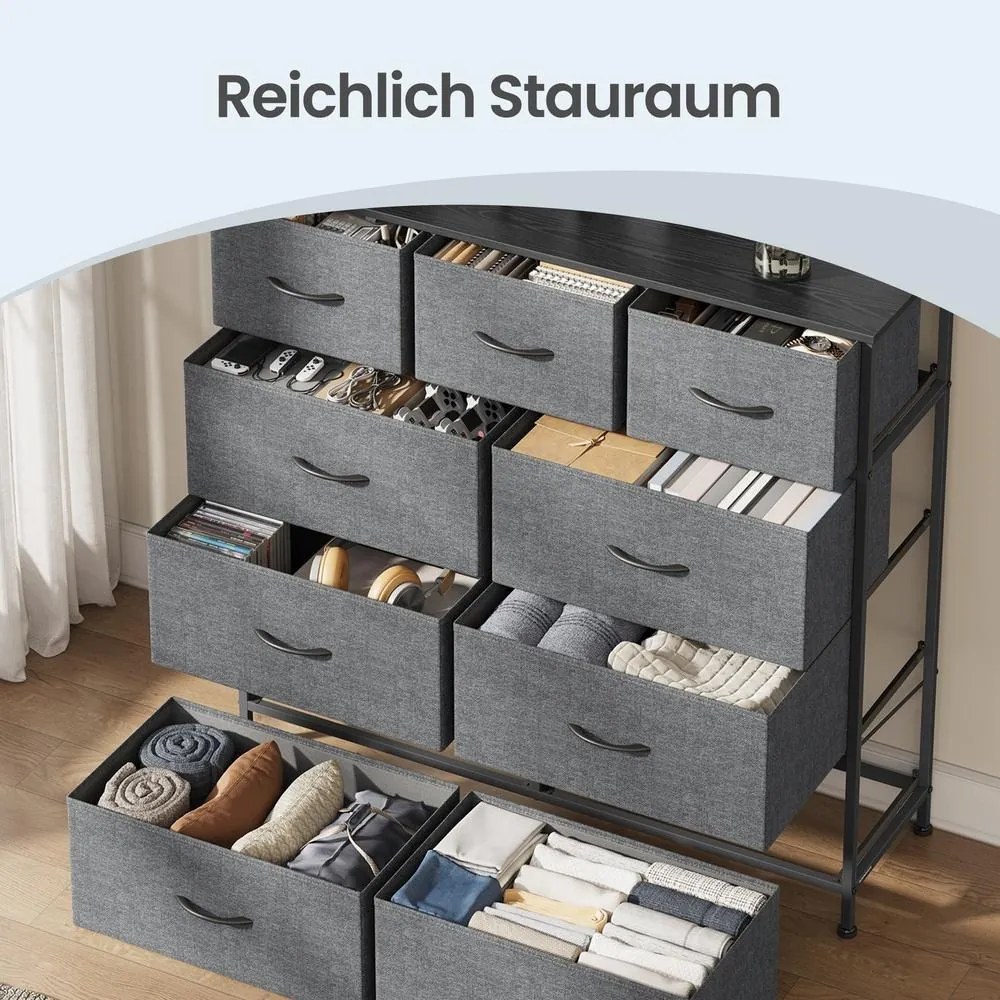Cómoda com 9 gavetas forradas a tecido 30 x 98,8 x 95,2 cm cinzento