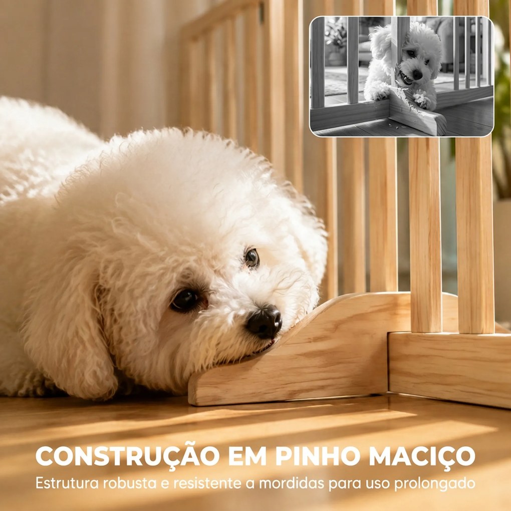 Barreira de Segurança Dobrável para Cães em Madeira, 3 Painéis, para Escadas e Portas, com 2 Pés de Apoio, 150x61 cm, Natural