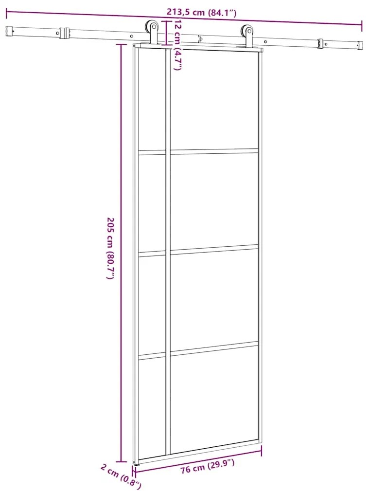 Porta deslizante c/ conj. ferragens 76x205cm vidro ESG/alumínio