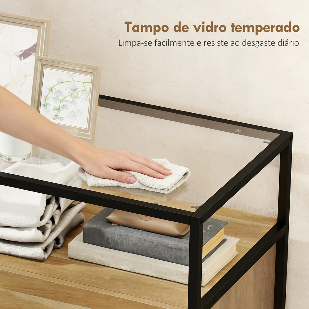 Cómoda 4 Gavetas Cómoda Quarto com Superfície de Vidro Temperado Prateleira Aberta Estrutura de Aço 60x40x94,5 cm Teca