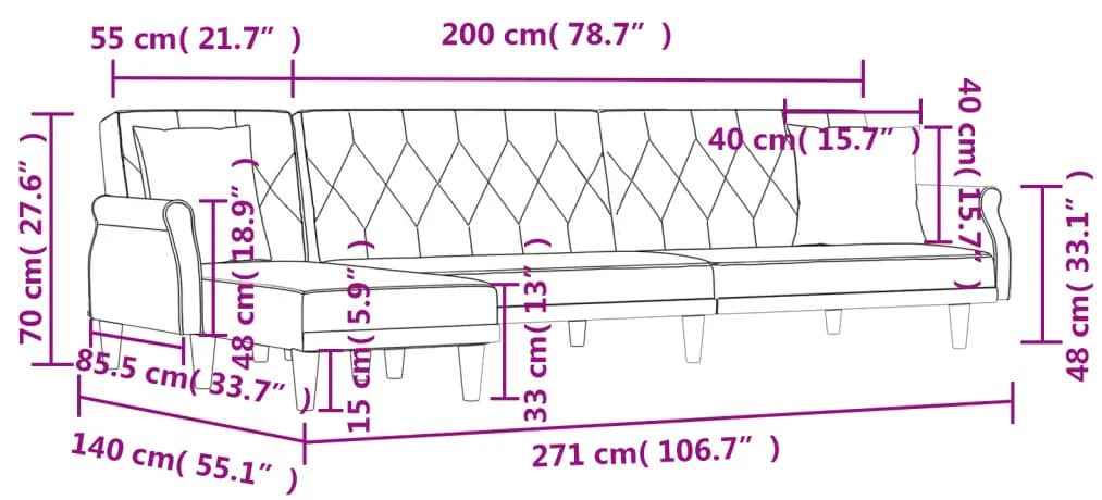 Sofá-cama em forma de L 271x140x70 cm veludo cinzento-claro