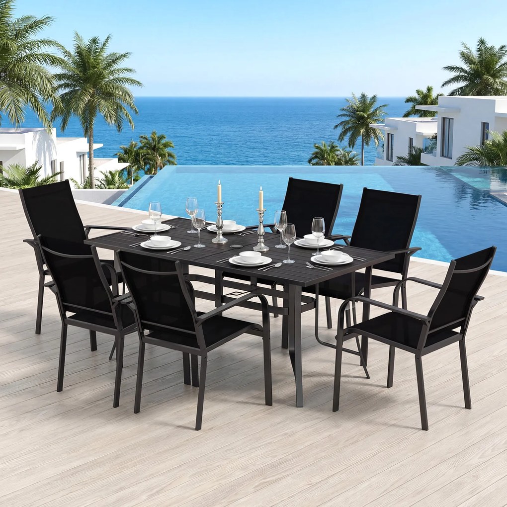 Mesa de jantar de jardim 160 x 84 x 73 cm para 6 pessoas (CADEIRAS NÃO INCLUIDAS), com ripas, orifício para guarda-sol, capacidade de carga de 150 kg,