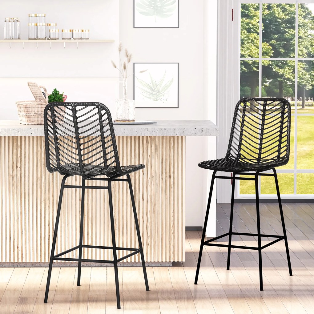 Conjunto de 2 bancos de bar de design boémio, com 66 cm de altura, com apoio para os pés em metal e rattan PE - preto