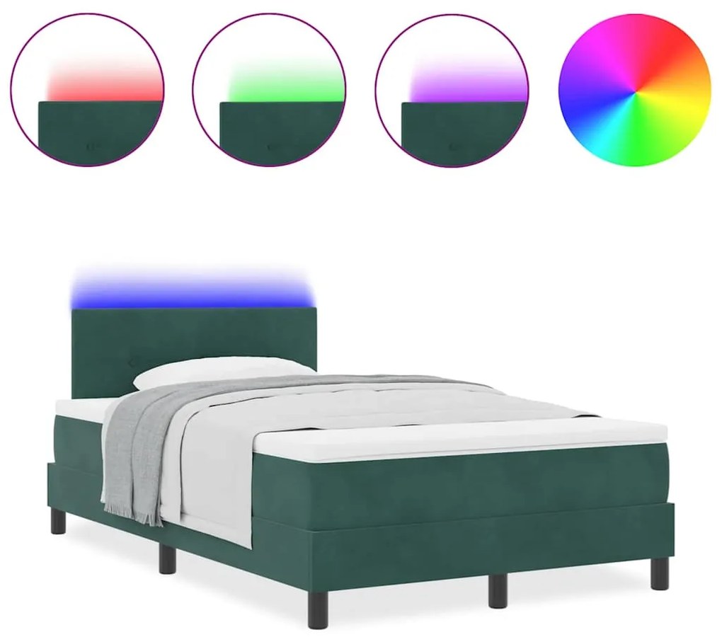 Cama Box com Colchão &amp; LED Verde Escuro 120x200 cm Veludo