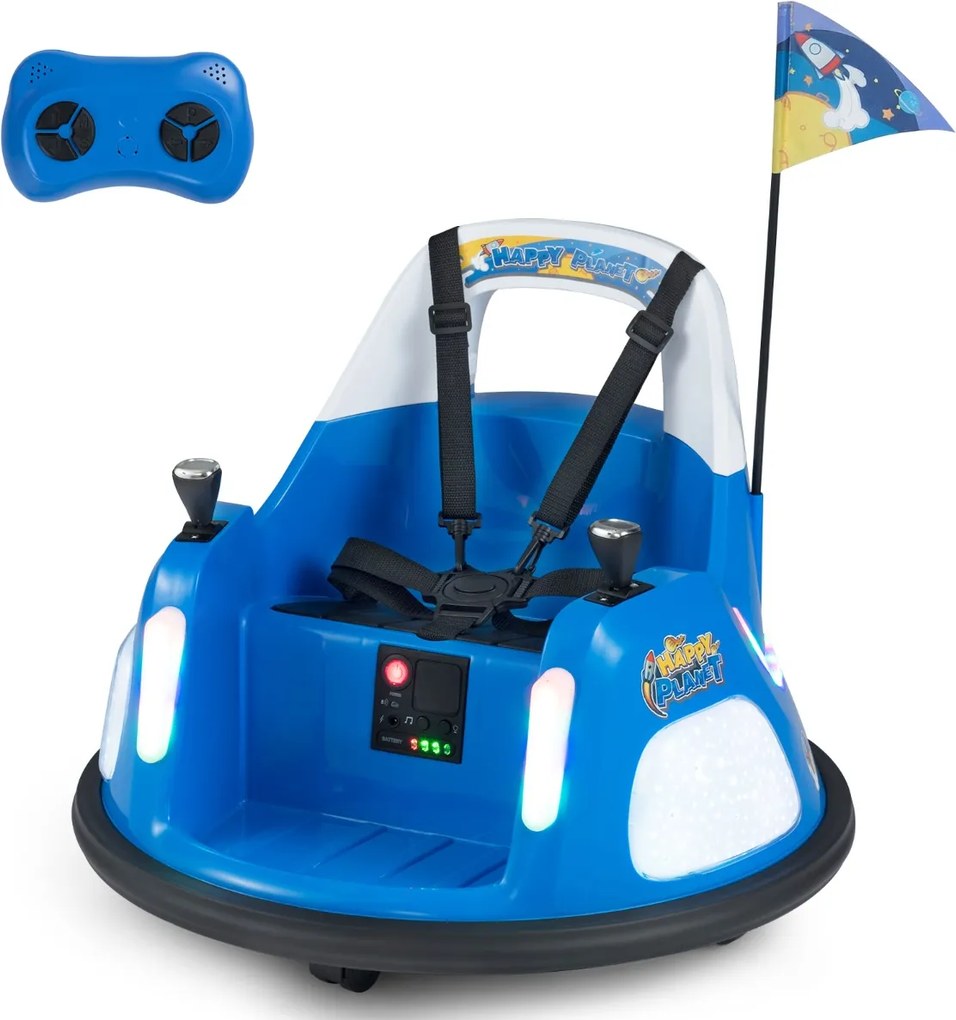 Carrinho de choques elétrico infantil 12V com bateria, luzes intermitentes, controle remoto, joystick duplo giratório 360°, azul marinho