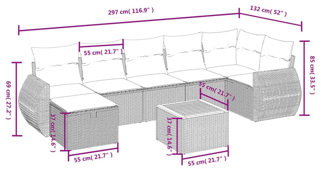 8 pcs conjunto de sofás p/ jardim com almofadões vime PE bege