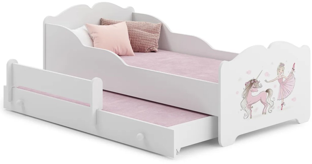 Cama dupla infantil ANNA 160x80 branca - unicórnio e princesa - colchão e estrado incluído