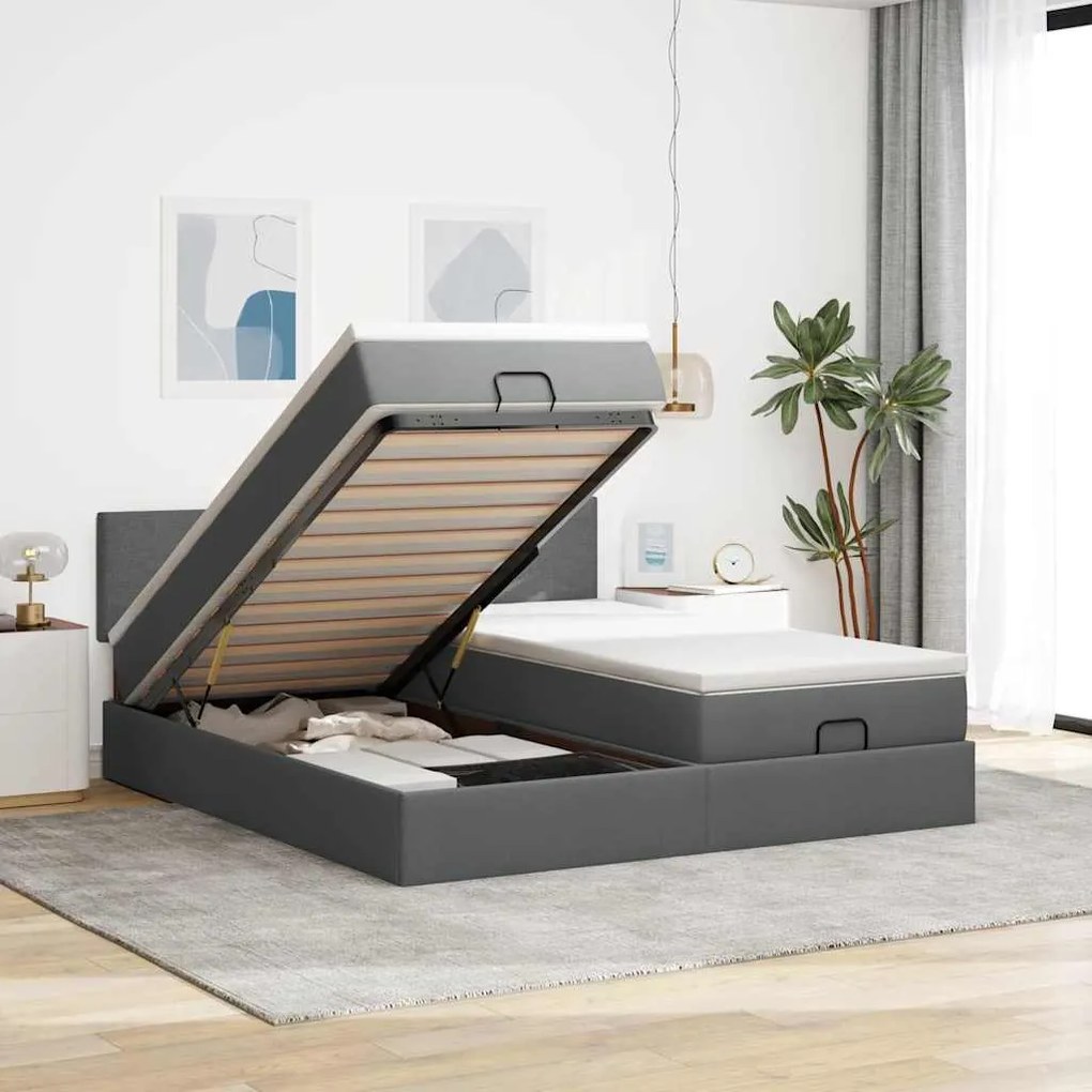 Estrutura de cama otomana com colchões tecido cinzento escuro