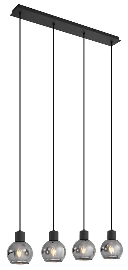 Candeeiro de suspensão Art Deco preto com vidro fumê oblongo 4 luzes - Vidro