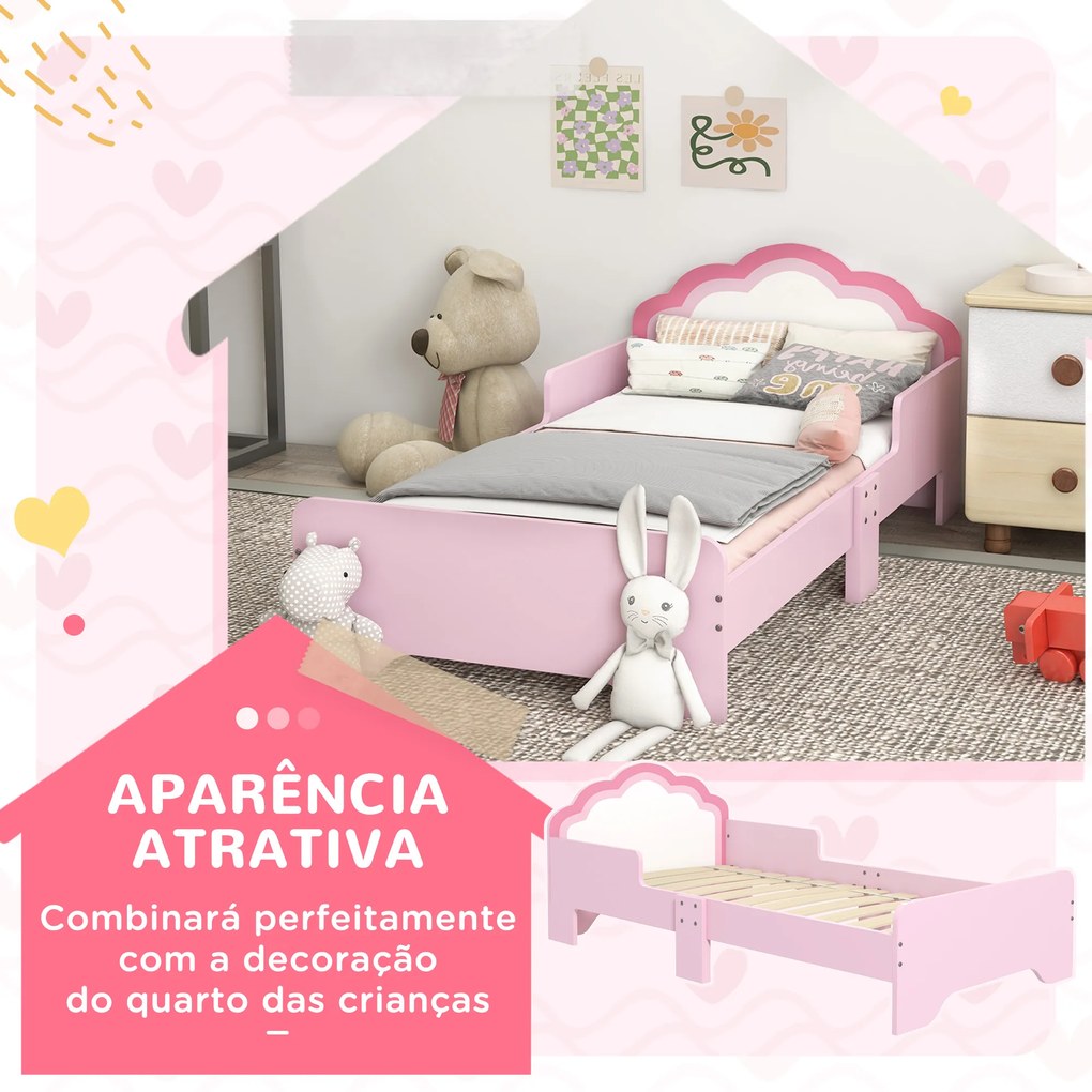 Cama para Crianças 70x140 cm (SEM COLCHÃO) com Barreira Antiqueda e Estrado Cama Infantil com Cabeceira em Forma de Nuvem Rosa
