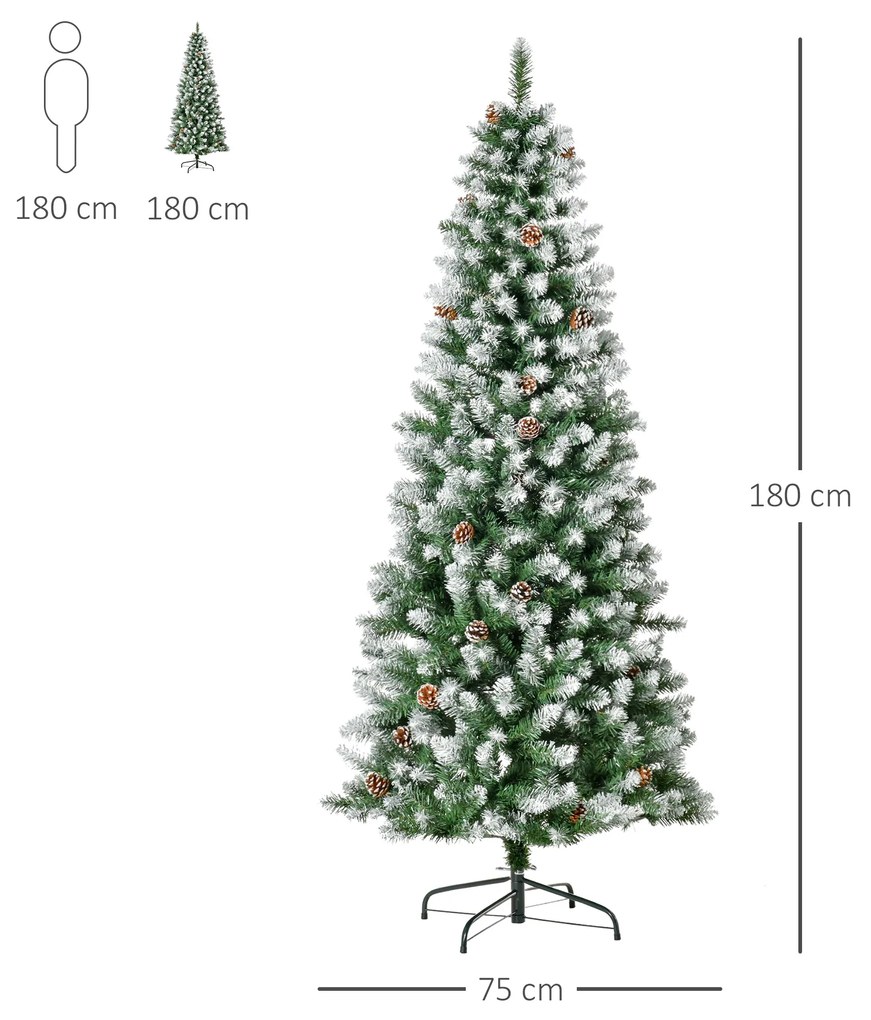 Árvore de Natal Artificial Ø75x180cm com 630 Ramas e 37 Pinhas Folhas de PVC Base Dobrável e Suporte Metálico Decoração de Natal para Interiores Verde