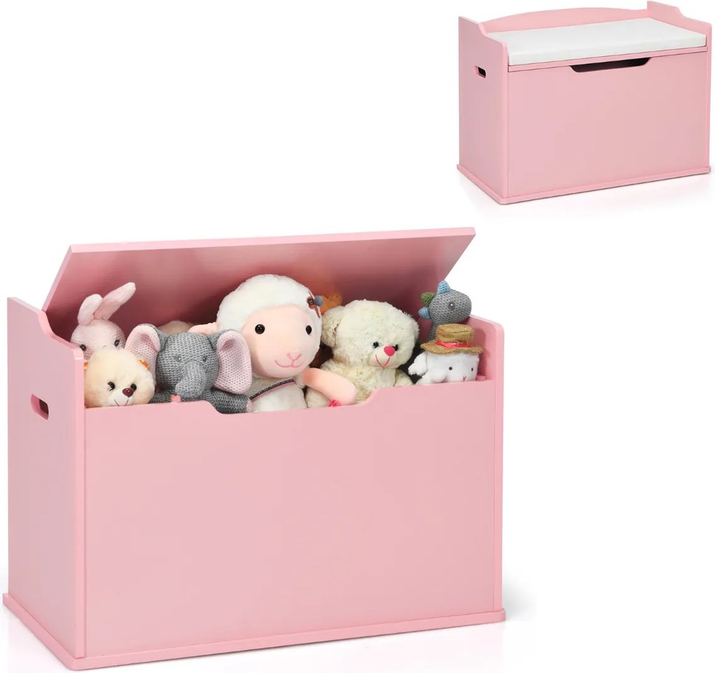 Baú de brinquedos 2 em 1, 74 x 39 x 52 cm com tampa Tampa elevável Utilização dupla como banco grande de madeira cor-de-rosa