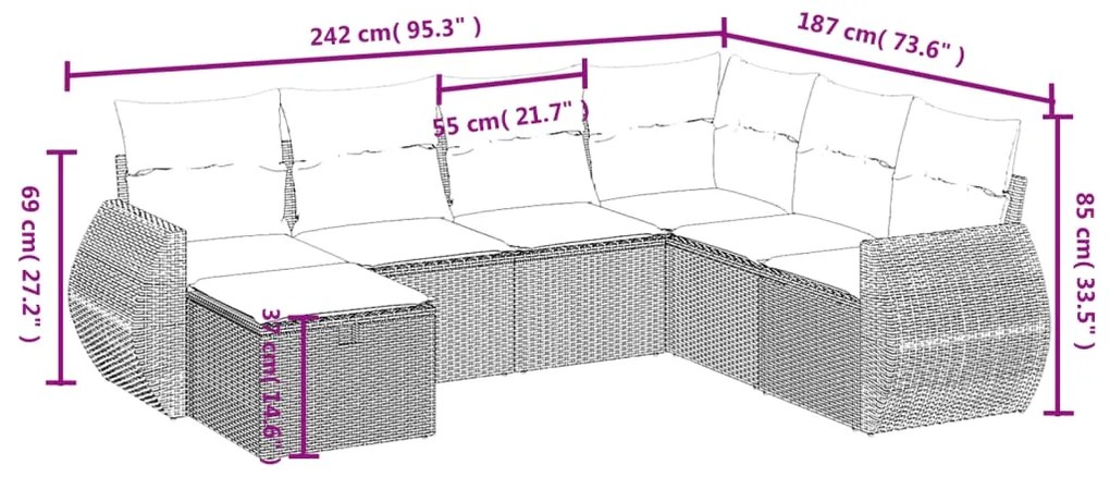 7 pcs conjunto de sofás jardim c/ almofadões vime PE castanho