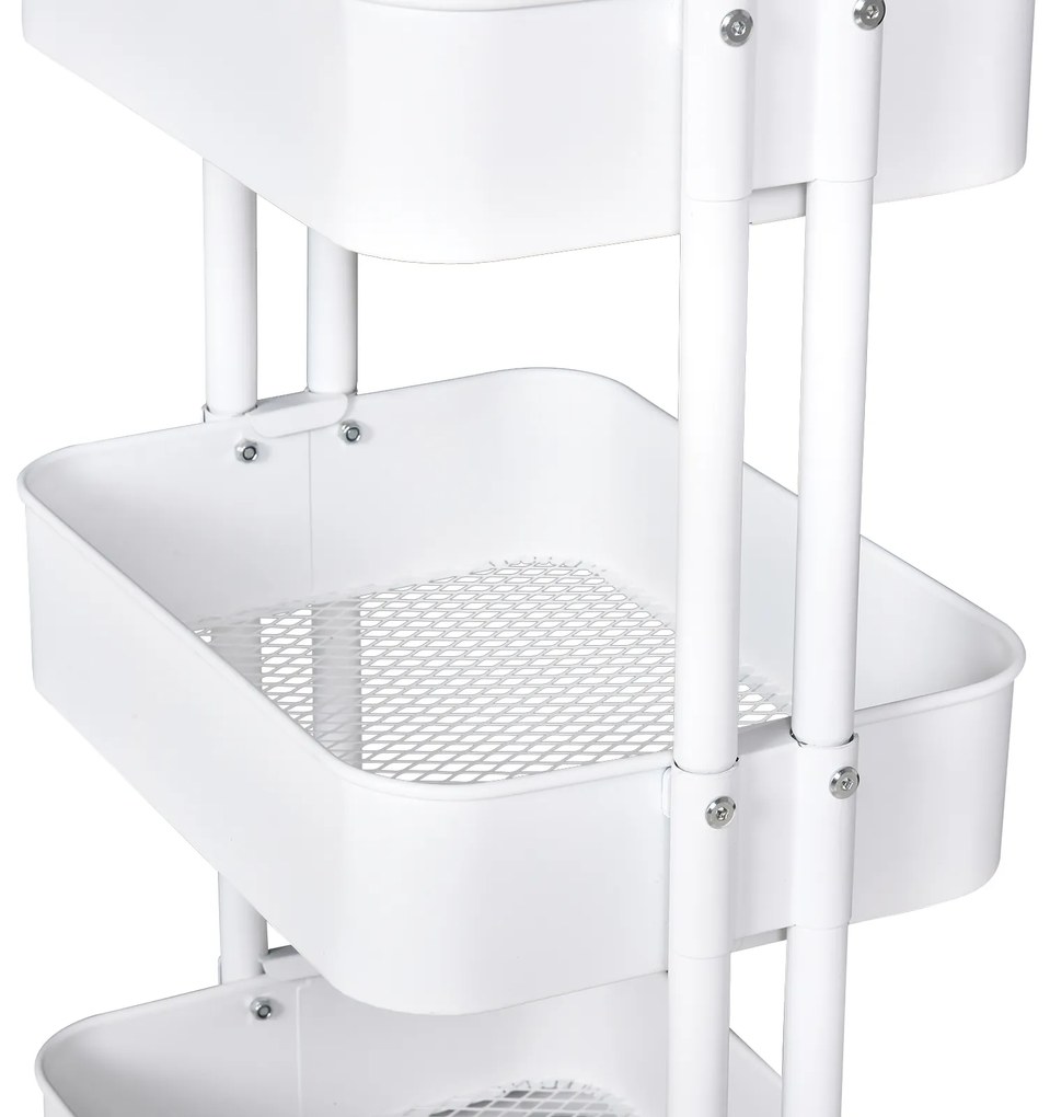 HOMCOM Carrinho Auxiliar de 3 Níveis com Rodas e 3 Prateleiras de Malha Metálica Carga de 20kg Branco 44x36x83cm