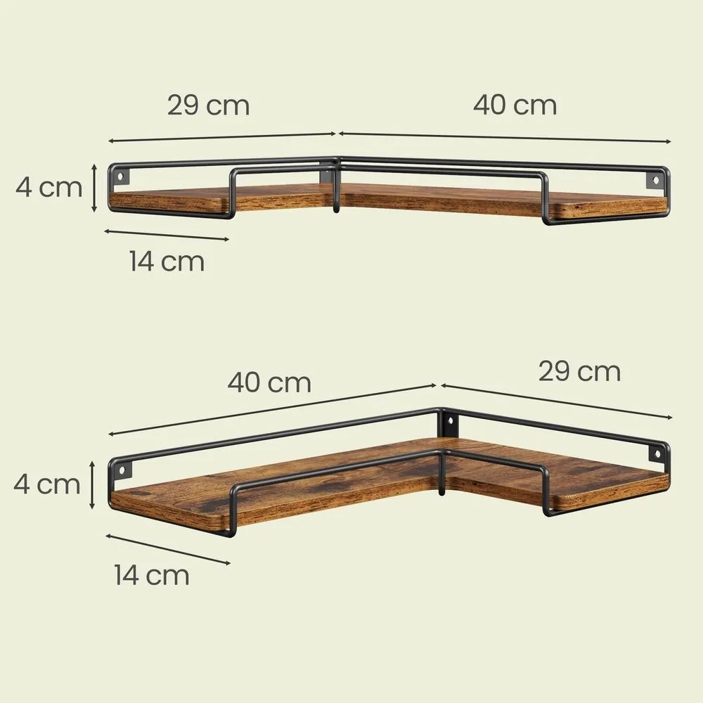 Conjunto de 3 prateleiras de parede em forma de L com design industrial em castanho vintage