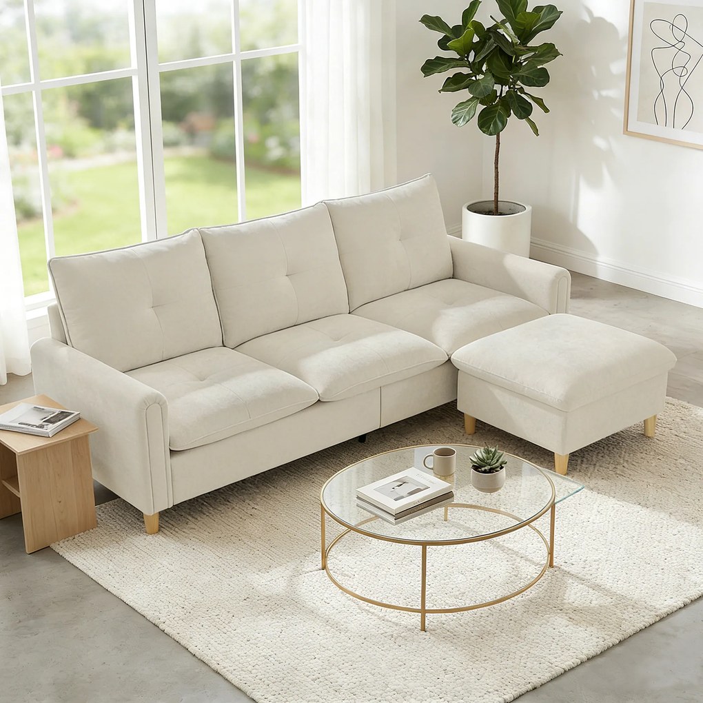 Sofá de 3 Lugares Modular, 210 x 77 x 80 cm, Pufe de Arrumação Flexível, Creme