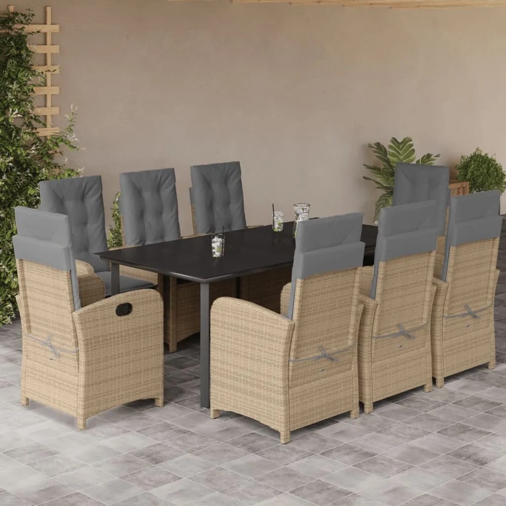 9 pcs conj. jantar jardim c/ almofadões vime PE bege misturado