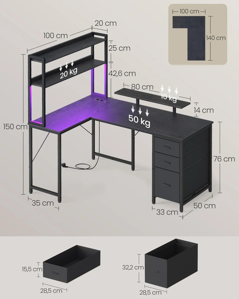 Secretária de canto em forma de L, 140 x 100 x 150 cm, com LED Preto