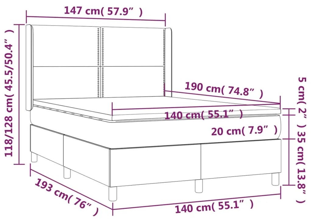 Cama box spring c/ colchão e LED 140x190 cm tecido cinza-claro