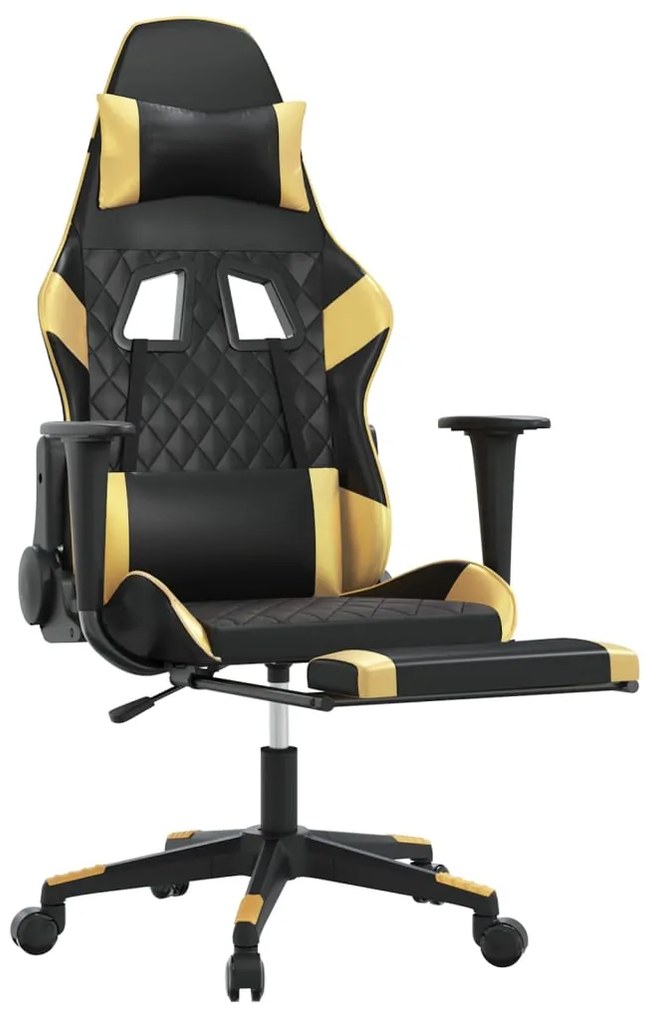 Cadeira gaming c/ apoio pés couro artificial preto e dourado