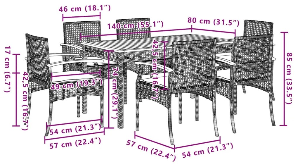 7 pcs conjunto de jantar p/ jardim com almofadões vime PE bege