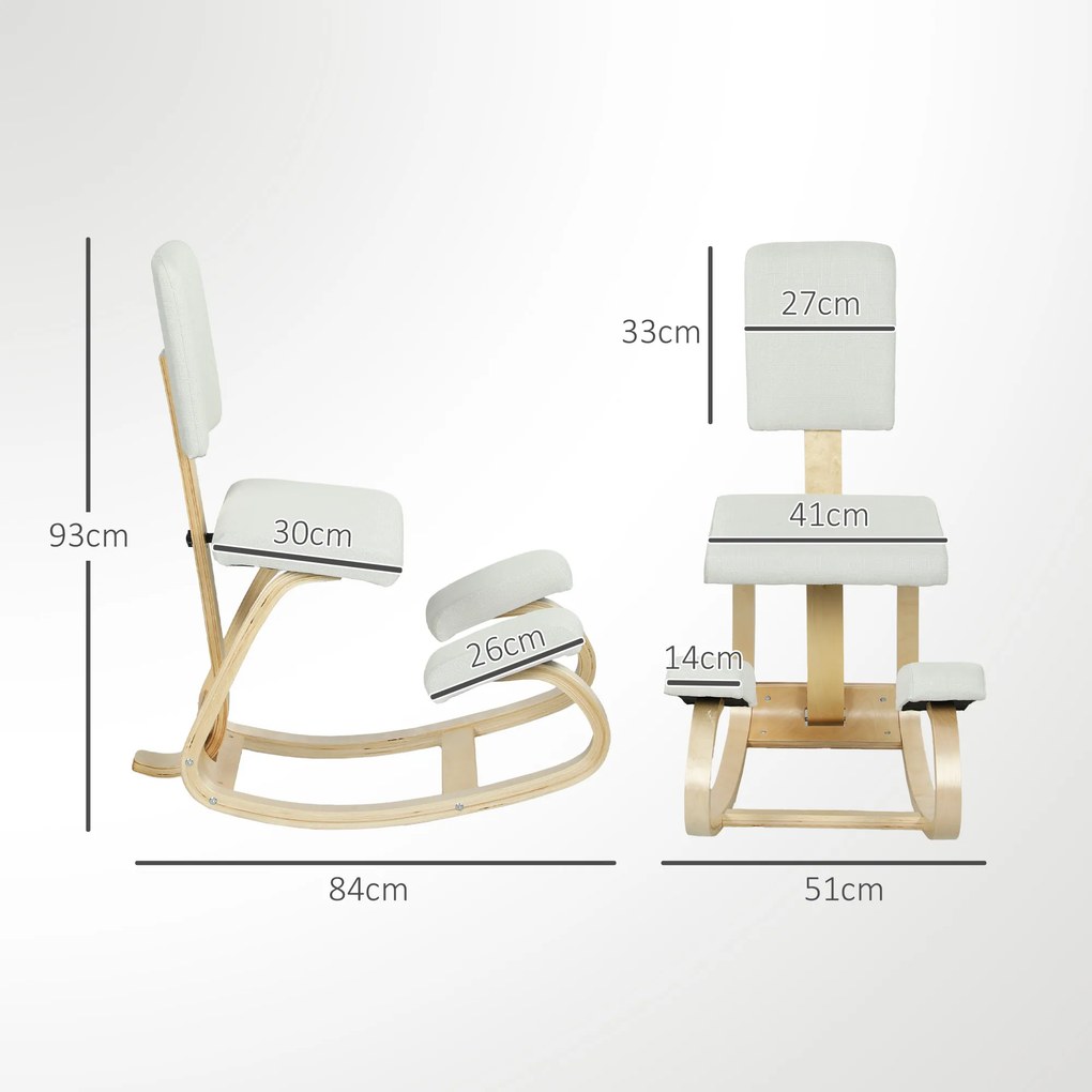 Cadeira Ergonómica de Joelhos com Encosto Almofadas Acolchoadas Estrutura de Madeira para Melhor Postura 51x84x93 cm Creme