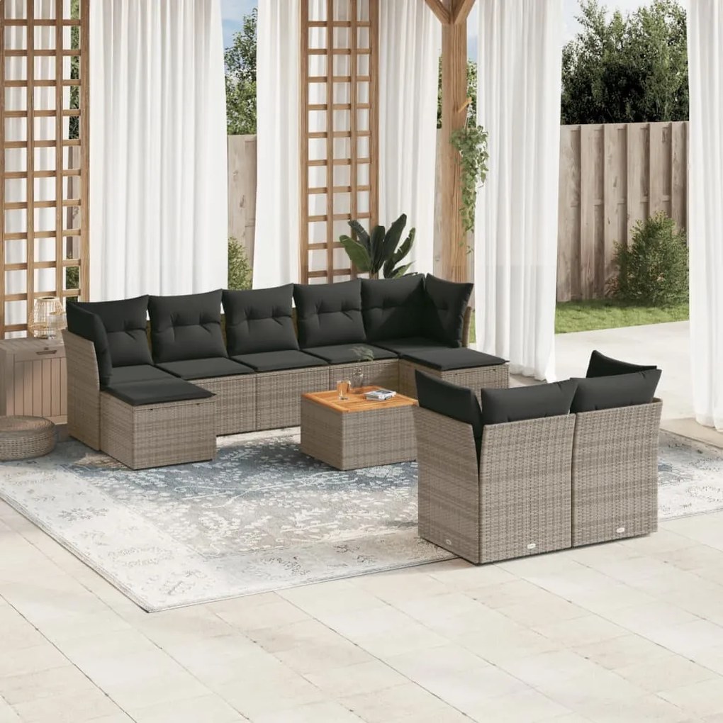 10 pcs conjunto sofás de jardim c/ almofadões vime PE cinzento