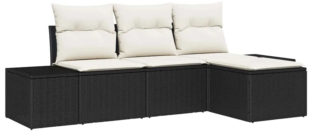Conjunto de Sofá de Jardim com 4 peças e almofadas em rattan preto