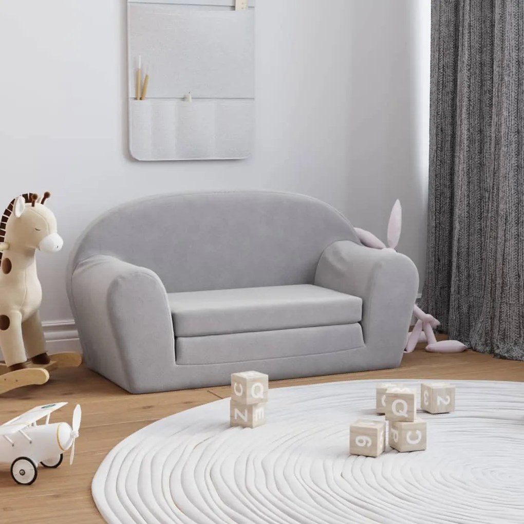 341780 vidaXL Sofá-cama infantil de 2 lugares pelúcia cinzento-claro