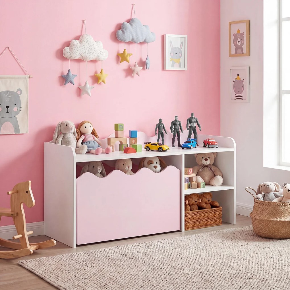 Secretária Infantil com Estante Aberta, 89,5 x 40 x 45 cm, Caixa de Arrumação com Rodas, Rosa
