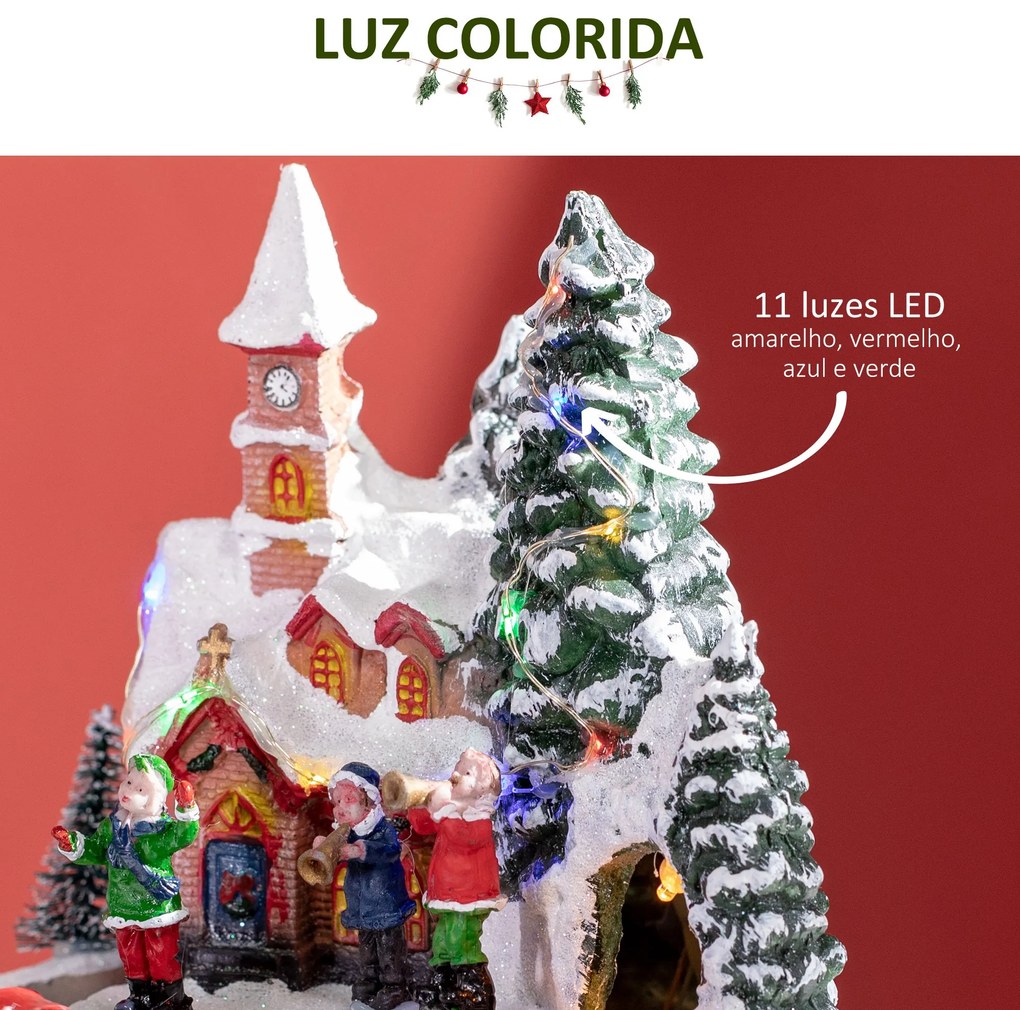 Cidade Natalina com Luzes LED Trem Giratório e Música Decoração de Natal 20x19,5x20cm Multicor