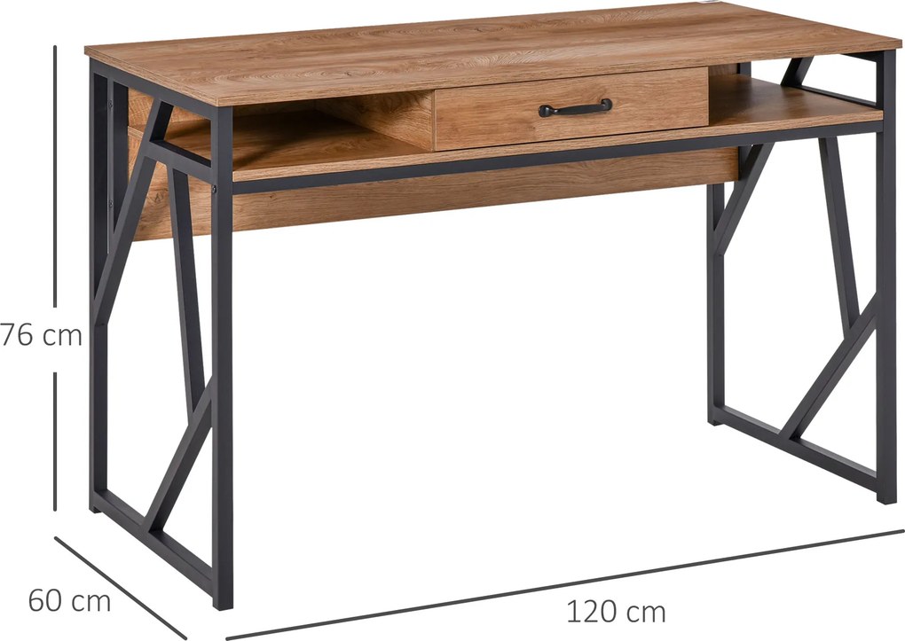 Secretária de estilo industrial, 120 x 60 x 76 cm, com gaveta + 2 nichos, base em metal preto, tampo com acabamento em madeira cor de nogueira