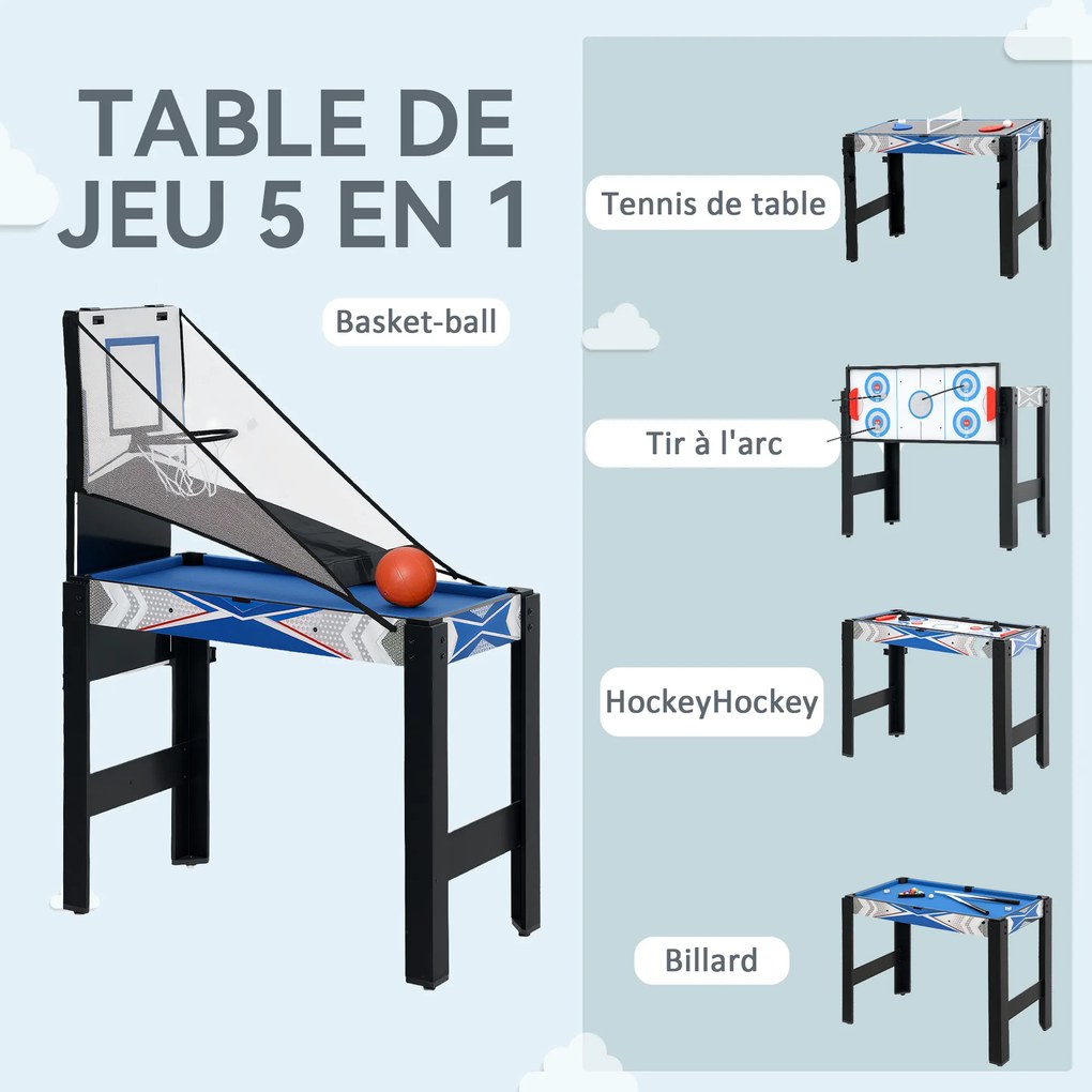 Mesa de jogos multifunções 5 em 1: bilhar, pingue-pongue, jogo de discos, mini-basquetebol, tiro com arco, azul