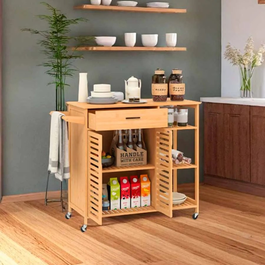 Carrinho de cozinha 104 x 40 x 89 cm com ilha de 90 cm com rodas em bambu Gaveta Prateleiras Natural