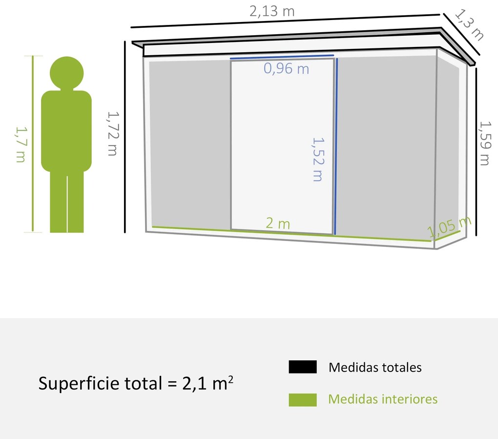 Abrigo de Jardim Metálico – 213x130x173 cm – Com Porta de Correr, Vent