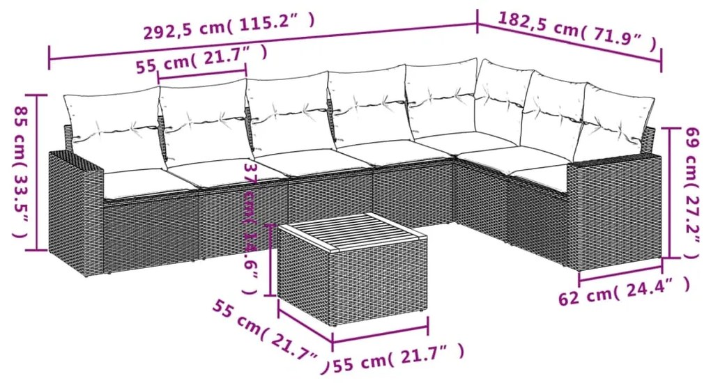 8 pcs conjunto de sofás p/ jardim com almofadões vime PE bege