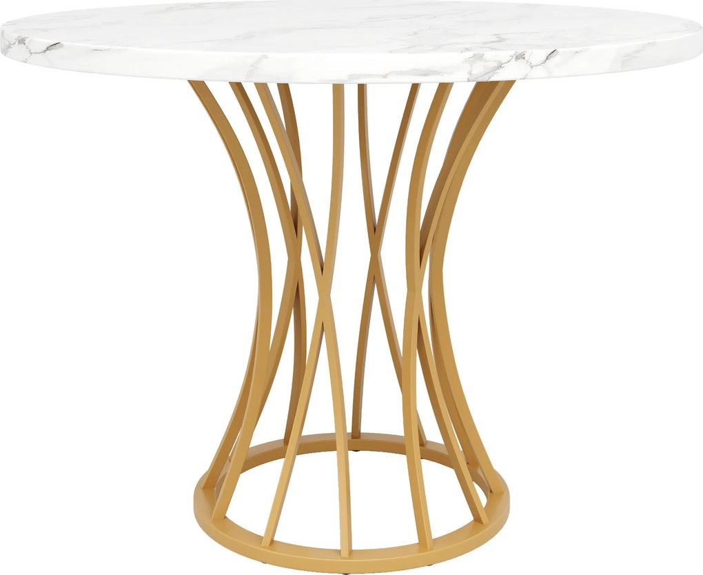 Mesa de jantar redonda para 4 pessoas, tampo em MDF, 80x80x76 cm, Branco+Ouro
