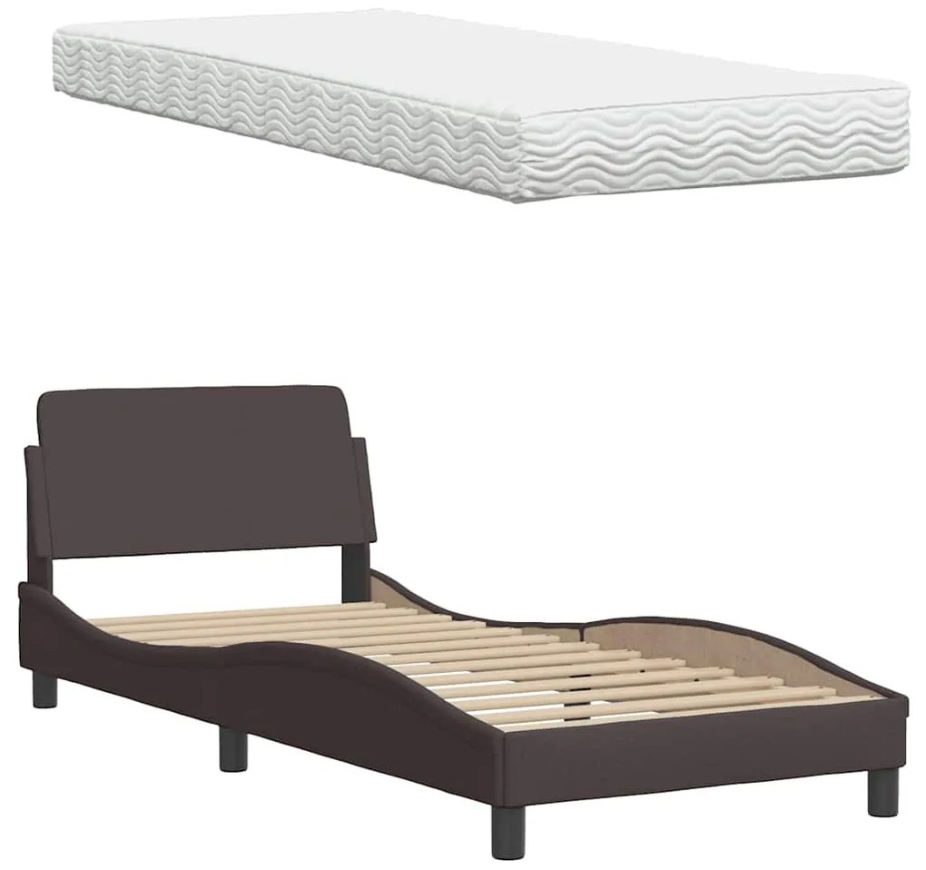 Cama com colchão 90x200 cm tecido castanho-escuro