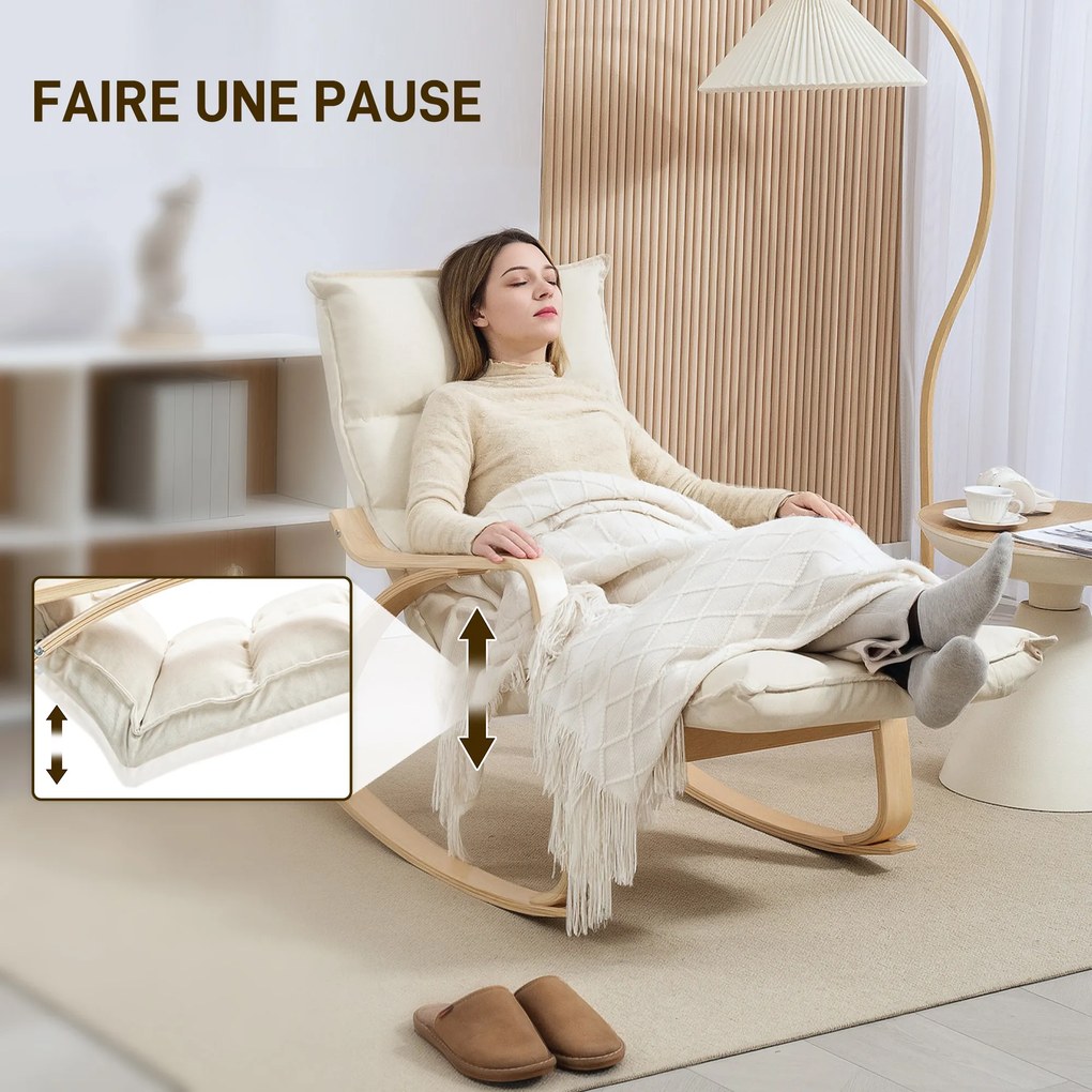 Cadeira de baloiço estofada, cadeira relaxante com braços e estrutura em aço, para sala de estar, quarto, cor creme