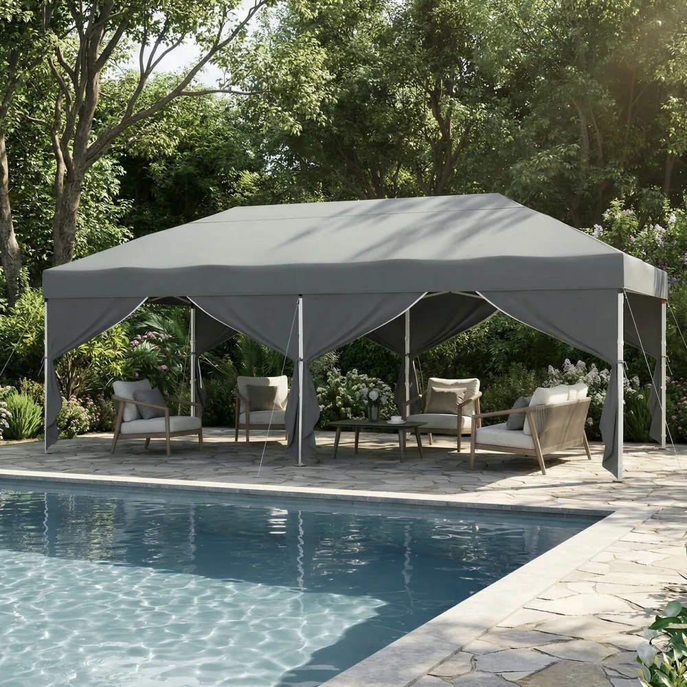 Tenda dobrável de 6 x 3 m, com paredes laterais, resistente, pavilhão para jardim, eventos, feiras cinzenta