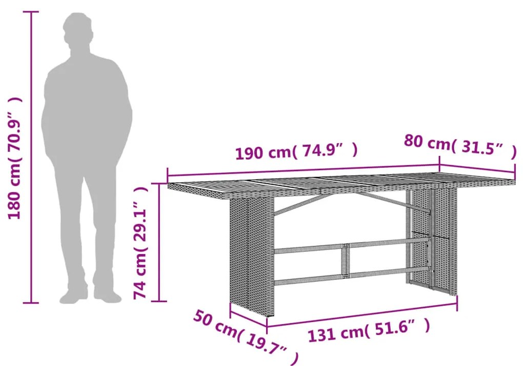 Mesa de jardim com tampo em acácia 190x80x74 cm vime PE preto
