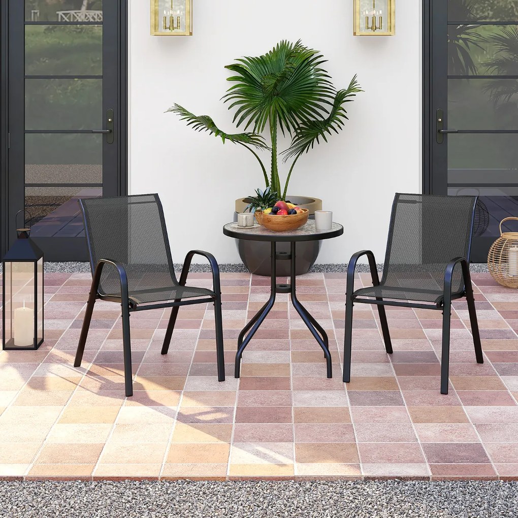 Conjunto móveis de Jardim 3 peças 2 cadeiras empilháveis 1 mesa de apoio Vidro temperado Tecido respirável Jardim Varanda Terraço Pátio Preto